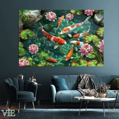 Tranh phong thủy mệnh kim cá chép và đài sen