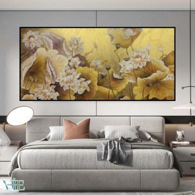 Tranh phong thủy mệnh kim sen trắng trên nền đen vàng nhạt